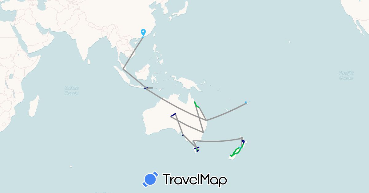 TravelMap itinerary: driving, bus, plane, boat in Australia, China, Fiji, Indonesia, Malaysia, New Zealand (Asia, Oceania)